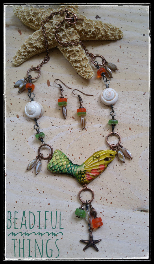 Mermaid Tail & Shell necklace & earring set