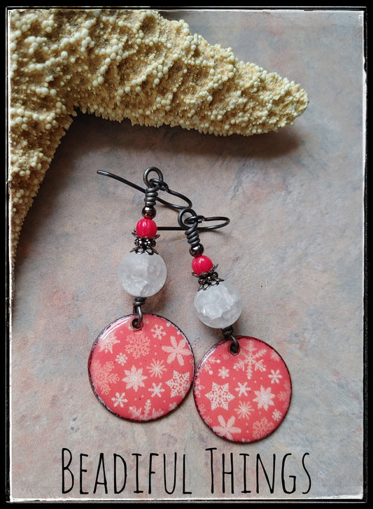 Red Snowflake enamel earrings