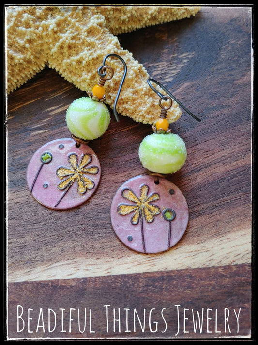 Green swirls & yellow flowers earrings