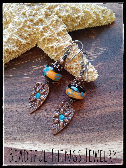 Orange & blue flower earrings