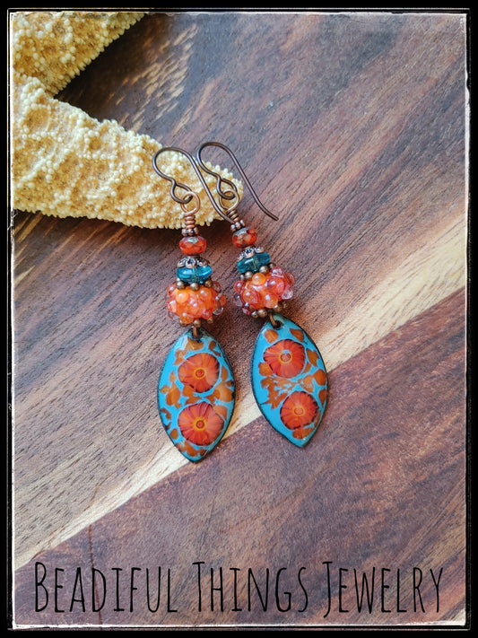 Turquoise & Orange Enameled earrings