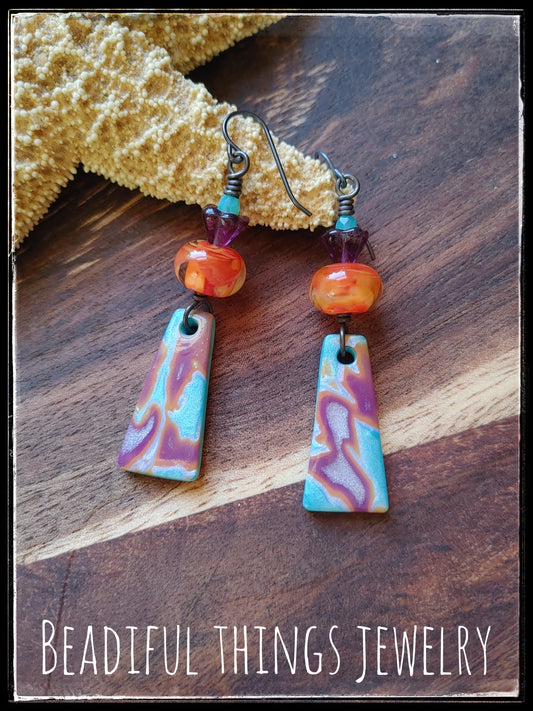 Aqua, purple & orange earrings